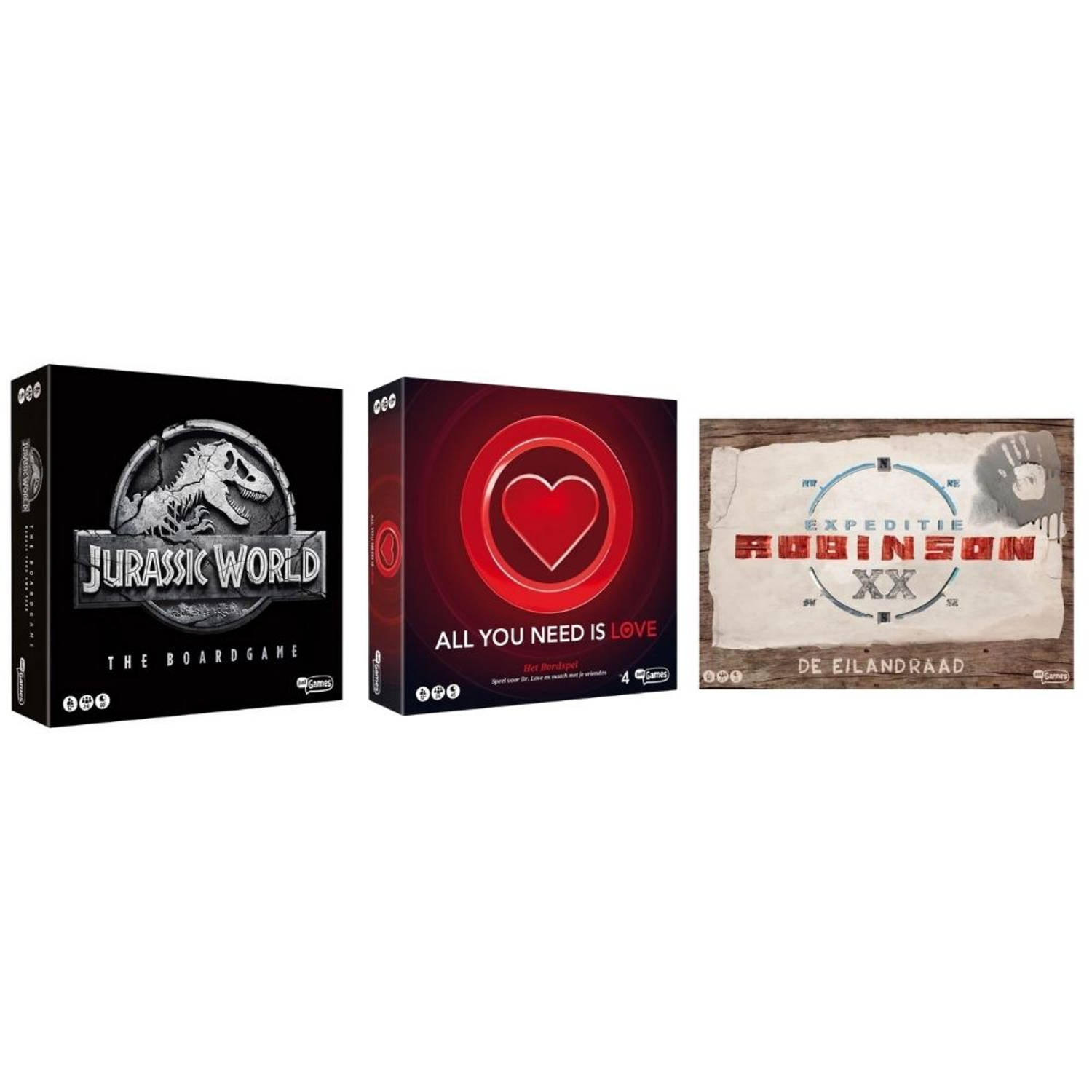 Spellenbundel - Jurassic World The Boardgame & All You Need Is Love Bordspel & Expeditie Robinson De Eilandraad