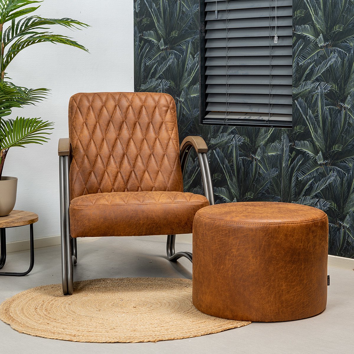 Bronx71 Eco-leren Poef Kyla Cognac. - Bruin