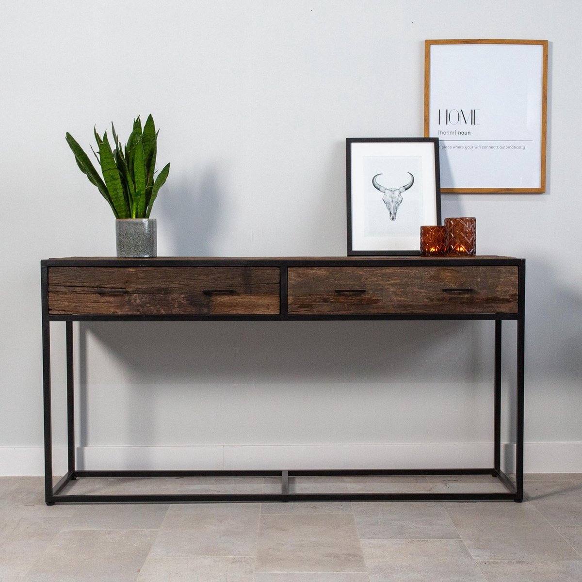 Dimehouse Industriële Sidetable Rayan - Metaal - 2 Lades - Sleeper Wood - Bruin