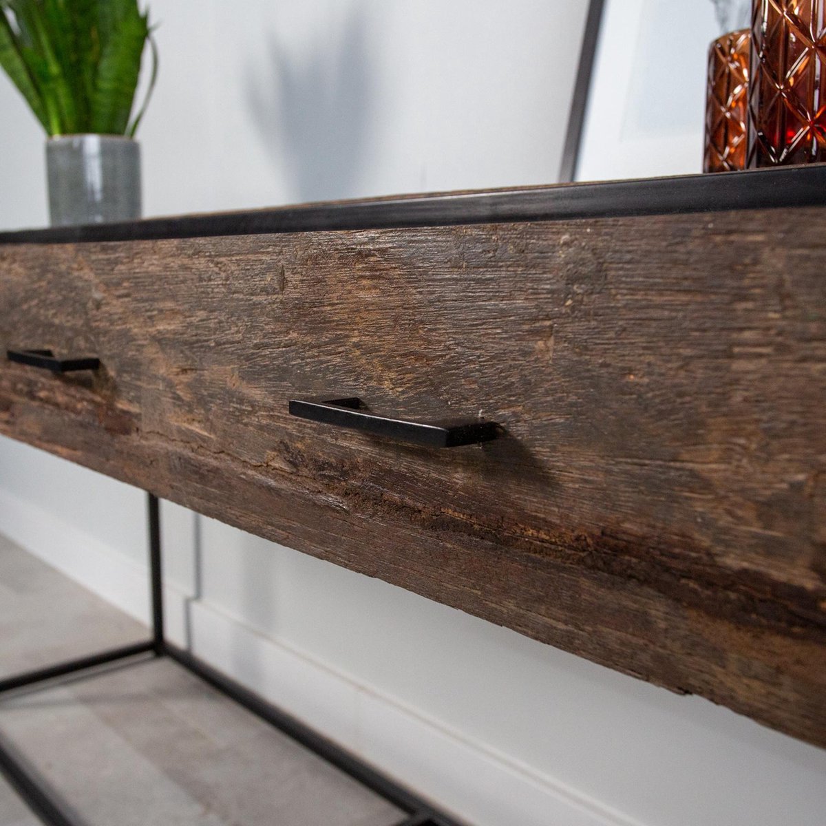 Dimehouse Industriële Sidetable Rayan - Metaal - 2 Lades - Sleeper Wood - Bruin