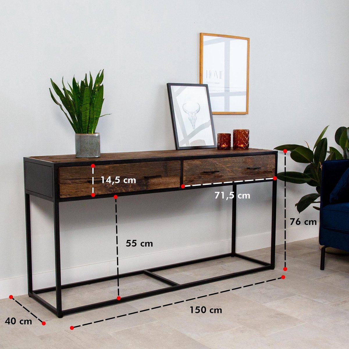 Dimehouse Industriële Sidetable Rayan - Metaal - 2 Lades - Sleeper Wood - Bruin