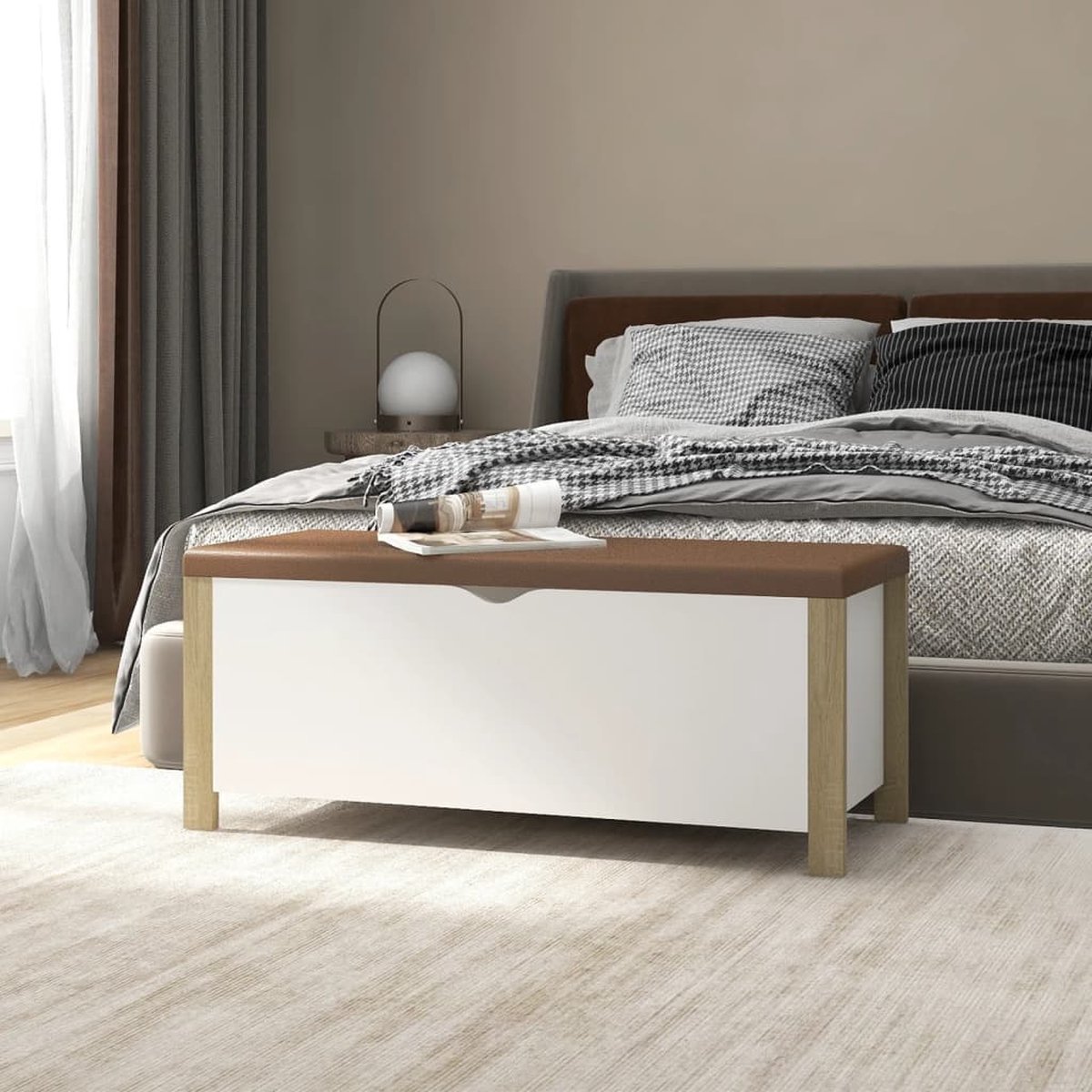 Vidaxl Opbergbox En Kussen 105x40x45 Cm Spaanplaat Wit En Sonoma Eiken - Beige