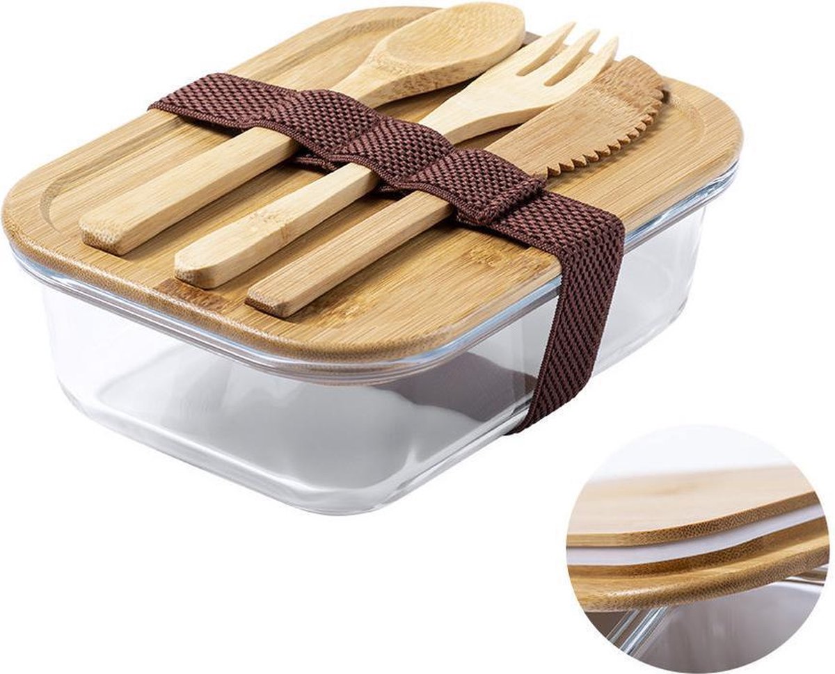 Bamboevezel Lunchbox/broodtrommel Met Bestek 17 X 13 X 7 Cm - Broodtrommels