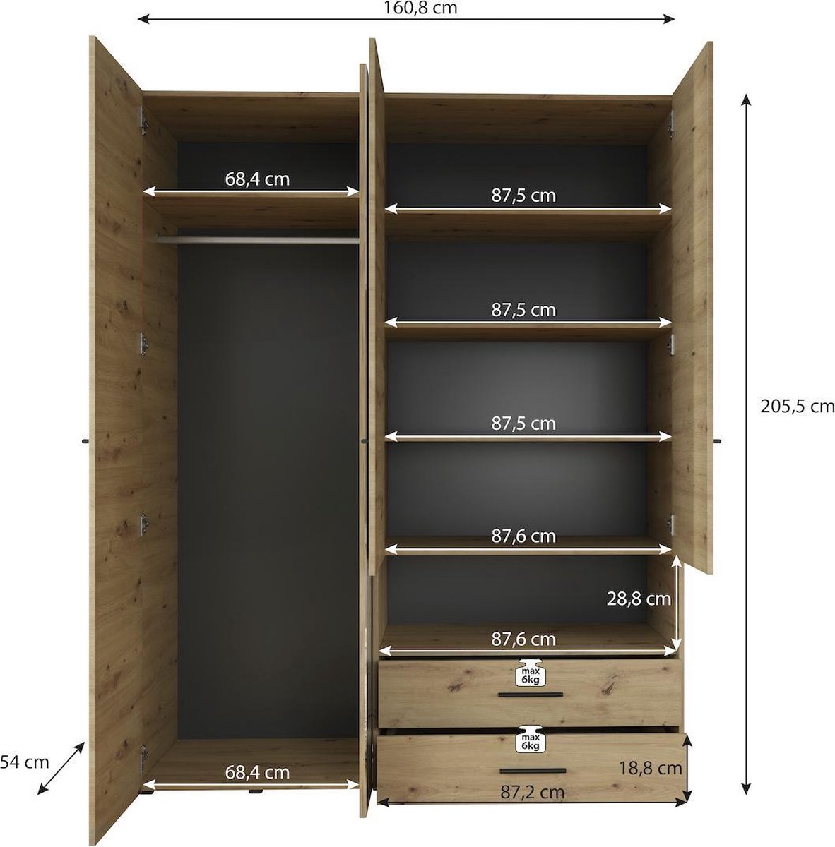 Meubella - Kledingkast Laura - Eiken 161 Cm - Zwart