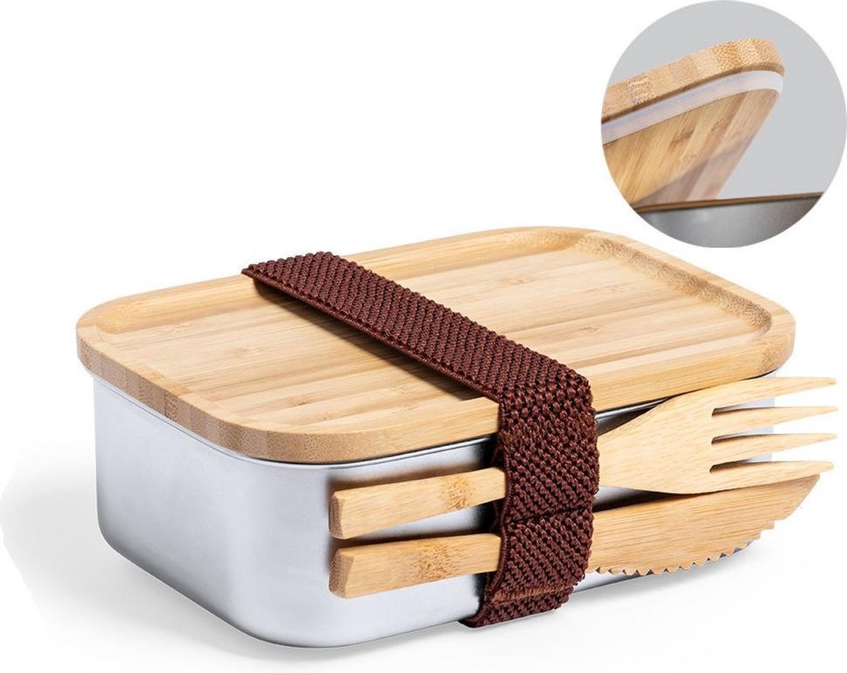 Bamboevezel En Stalen Lunchbox/broodtrommel Met Bestek 16 X 11 X 5.6 Cm - Broodtrommels - Bruin