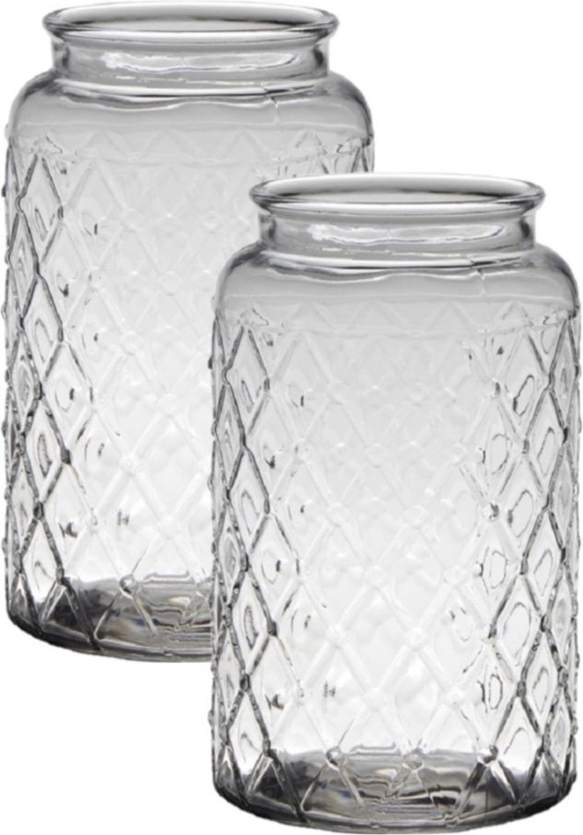 Bellatio Design 2x Stuks Transparante Bloemenvaas Met Ruitjesprint Van Glas 26,5 X 16 Cm - Vazen