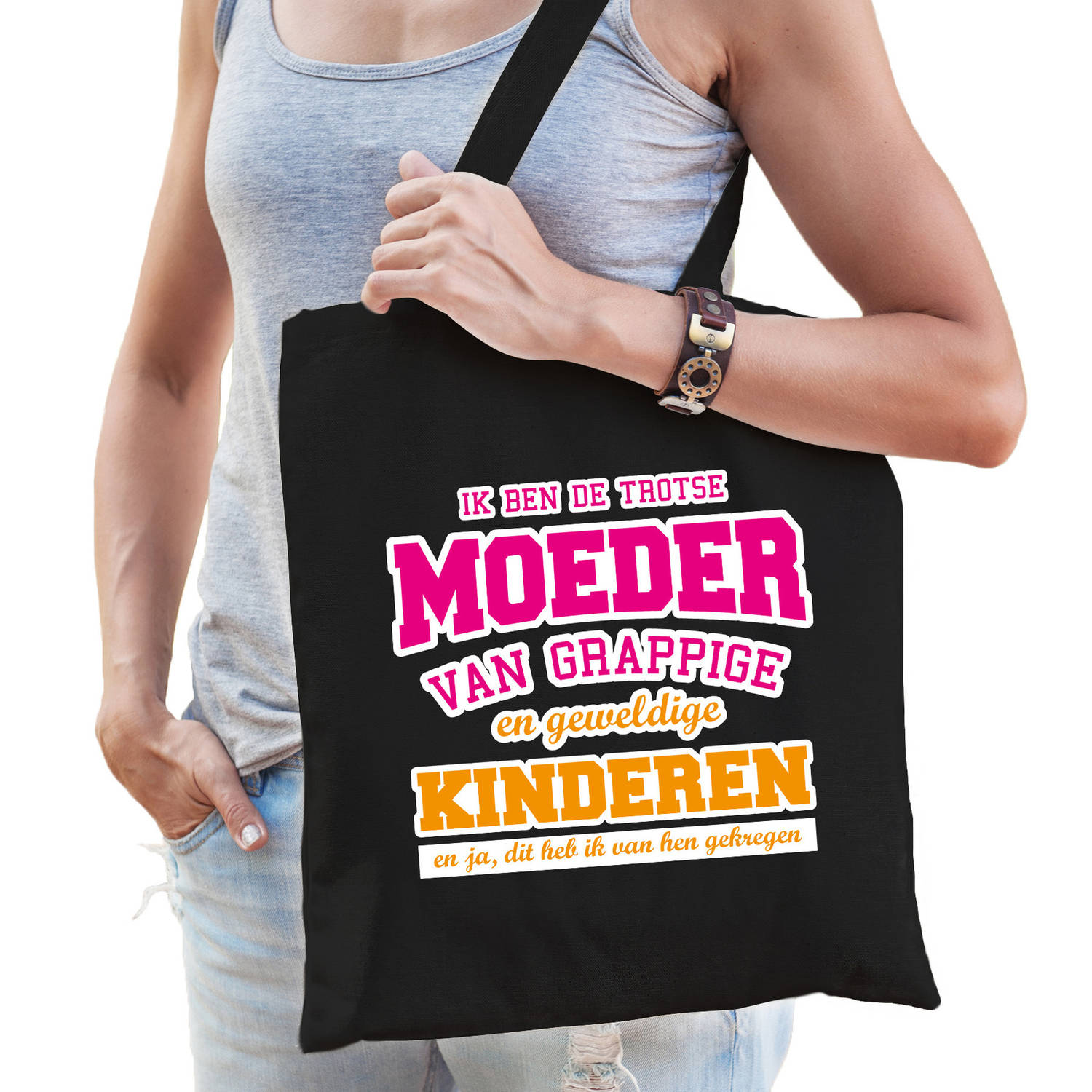 Bellatio Decorations Trotse Moeder Van Geweldige Kinderen Cadeau Tas Voor Dames - Feest Boodschappentassen - Zwart