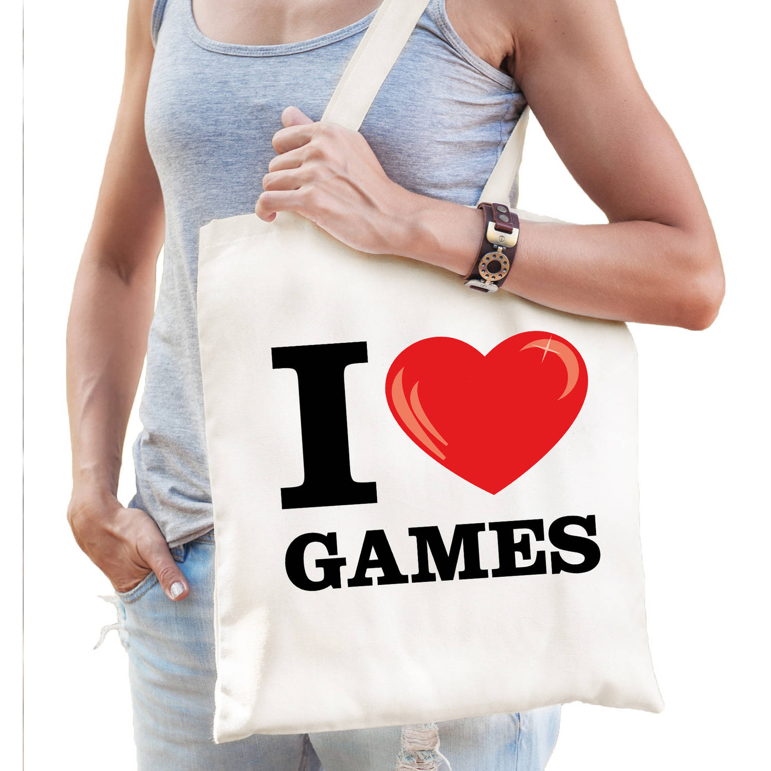 Bellatio Decorations Katoenen Tasje I Love Games Wit Voor Dames En Heren - Feest Boodschappentassen - Beige