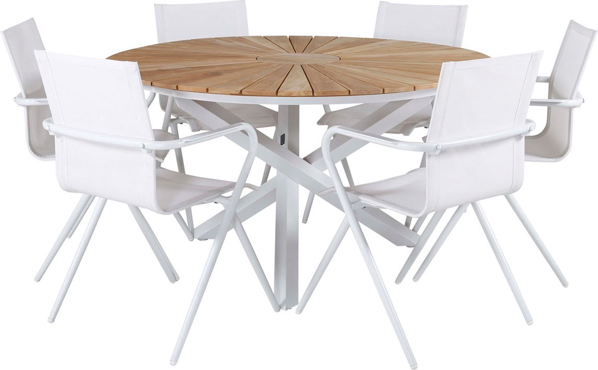 Mexico Tuinmeubelset Tafel Ø140cm En 6 Stoel Alina Wit, Naturel.