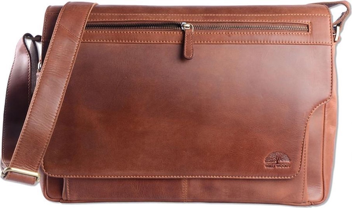 Wild Woods Leren Messenger Schoudertas 15,6 Inch Laptoptas - Unisex - Ronding Uit Flap - Pull-up Leer - Cognac - Bruin