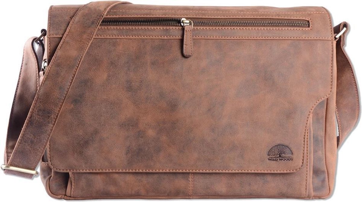 Wild Woods Leren Messenger Schoudertas 15,6 Inch Laptoptas - Unisex - Ronding Uit Flap - Buffelleer - Vintage - Bruin