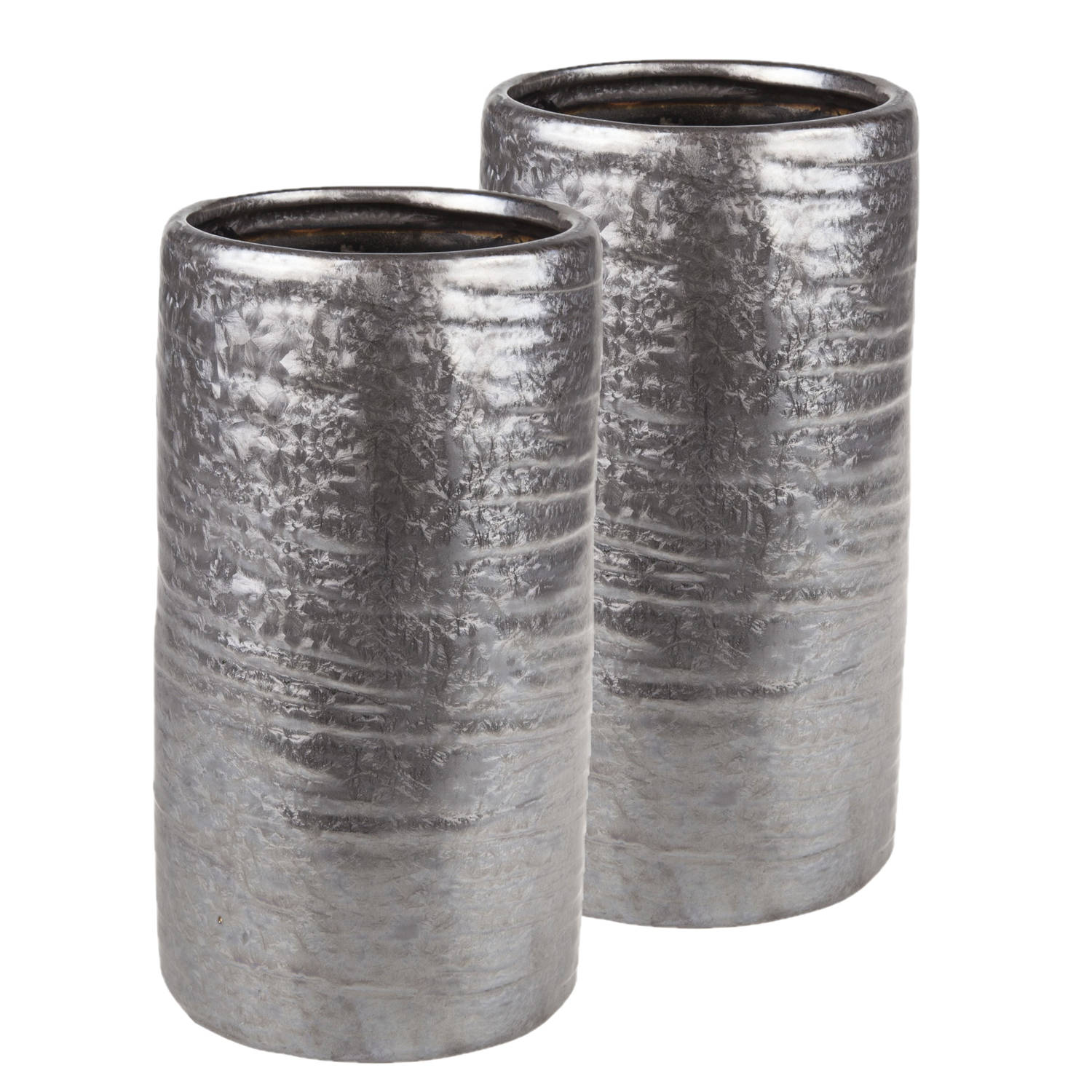 Cosy @ Home 2x Stuks Cilinder Vazen Keramiek Zilver/grijs 12 X 22 Cm - Vazen - Silver