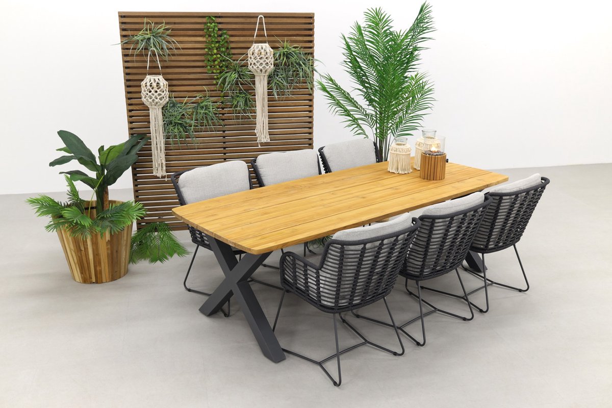 4 Seasons Outdoor 4 Seasons Fabrice - Antraciet / Sefa Tuintafel - Teak - Tuinset 7-delig - Grijs