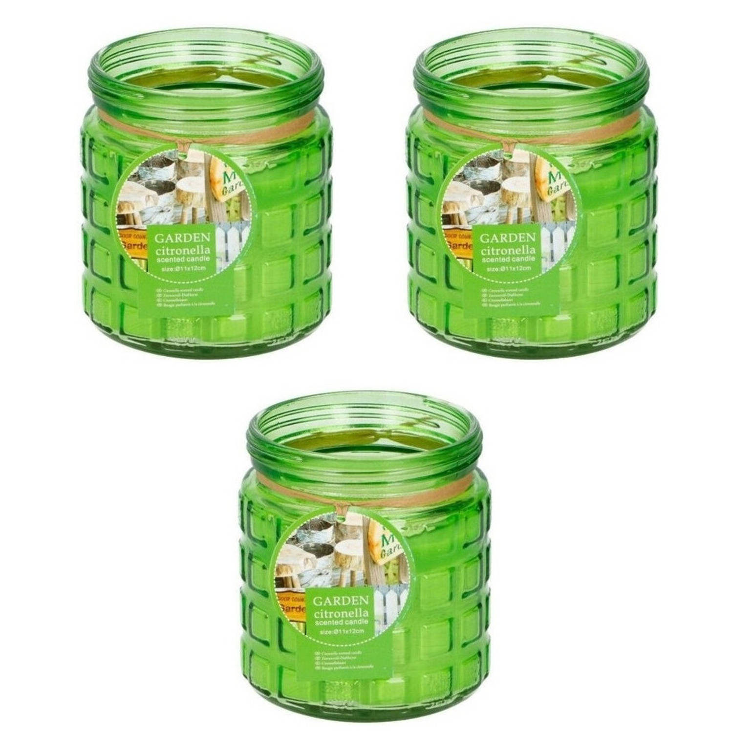 3x Stuks Citronella Kaarsen Tegen Insecten In Glazen Pot 12 Cm - Geurkaarsen - Groen