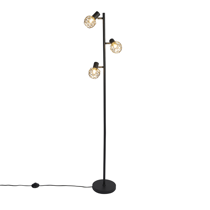 QAZQA Design vloerlamp zwart met goud 3-lichts verstelbaar - Mesh