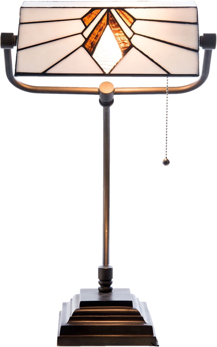 Clayre & Eef Bureaulamp Tiffany 32x27x51 Cm / E27/max.1x 60 Watt, Oranje, Wit - Glas, Metaal - Bruin