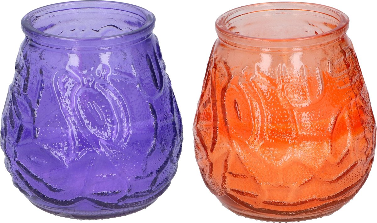 Arti Casa 4x Stuks Citronella Lowboy Tafelkaarsen 10 Cm Oranje En Paars Glas - Geurkaarsen