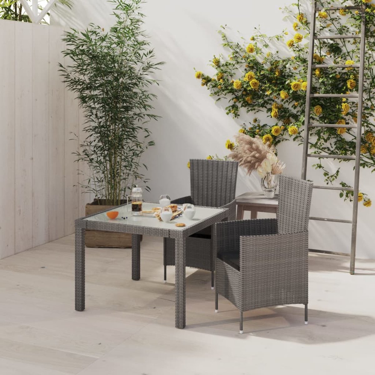 Vidaxl 3-delige Tuinset Met Kussens Poly Rattan - Grijs