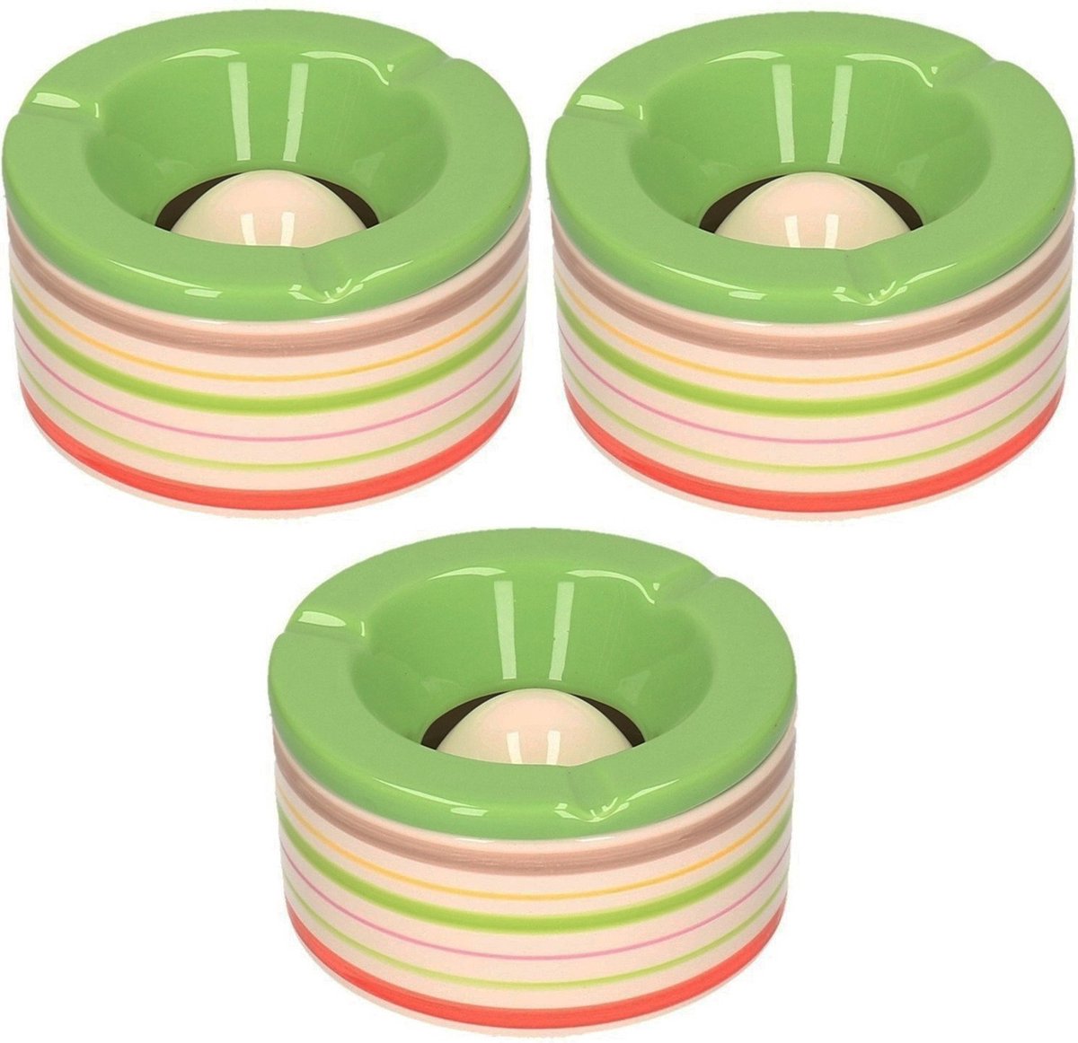 Bellatio Decorations Set Van 2x Stuks Terras Asbakken/stormasbakken Rond Keramiek 14 X 7,5 Cm Met Streep - Asbakken - Groen