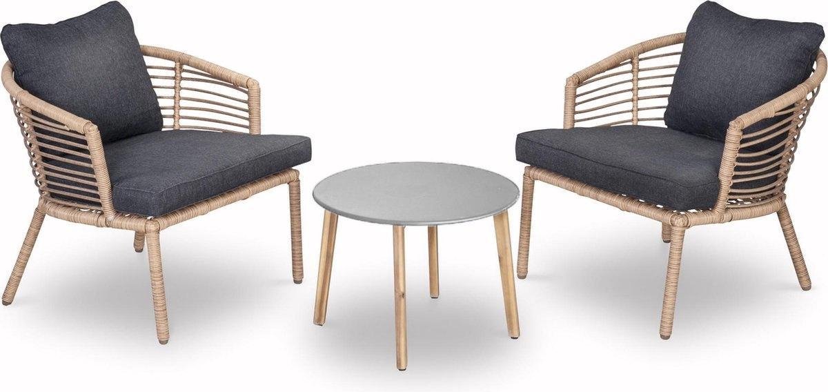 Loungeset/ Tuinset Logan Met 2 Ruime Stoelen En Ronde Tafel Bamboe Incl Kussens - Grijs