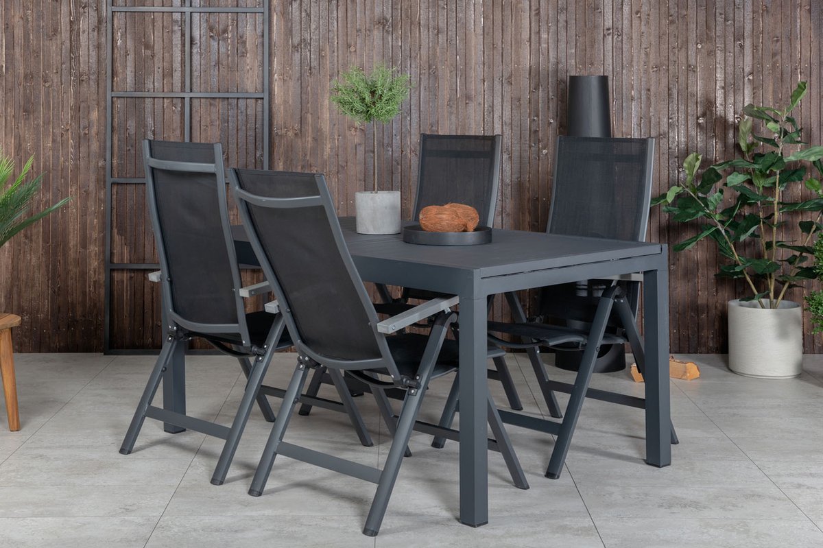 Marbella Tuinmeubelset Tafel 100x160/240cm En 4 Stoel Albany. - Zwart
