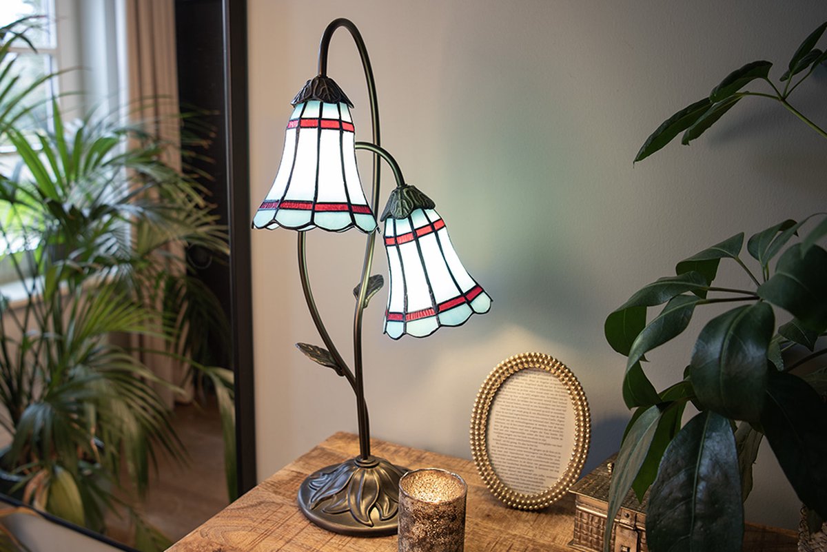 Clayre & Eef Lumilamp Tiffany Tafellamp 61 Cm Bruin Glas Tiffany Bureaulamp Tiffany Lampen Glas In Lood Tiffany - Blauw