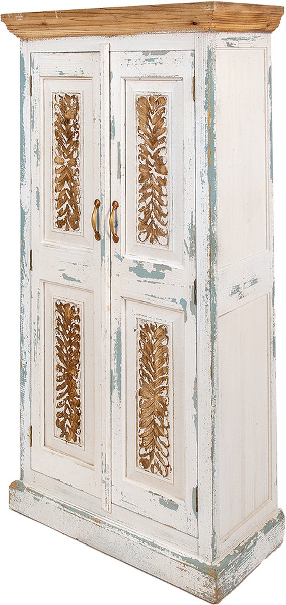 Clayre & Eef Wandkast 76*38*151 Cm Wit Bruin Hout Opbergkast Kast Wit Opbergkast Kast