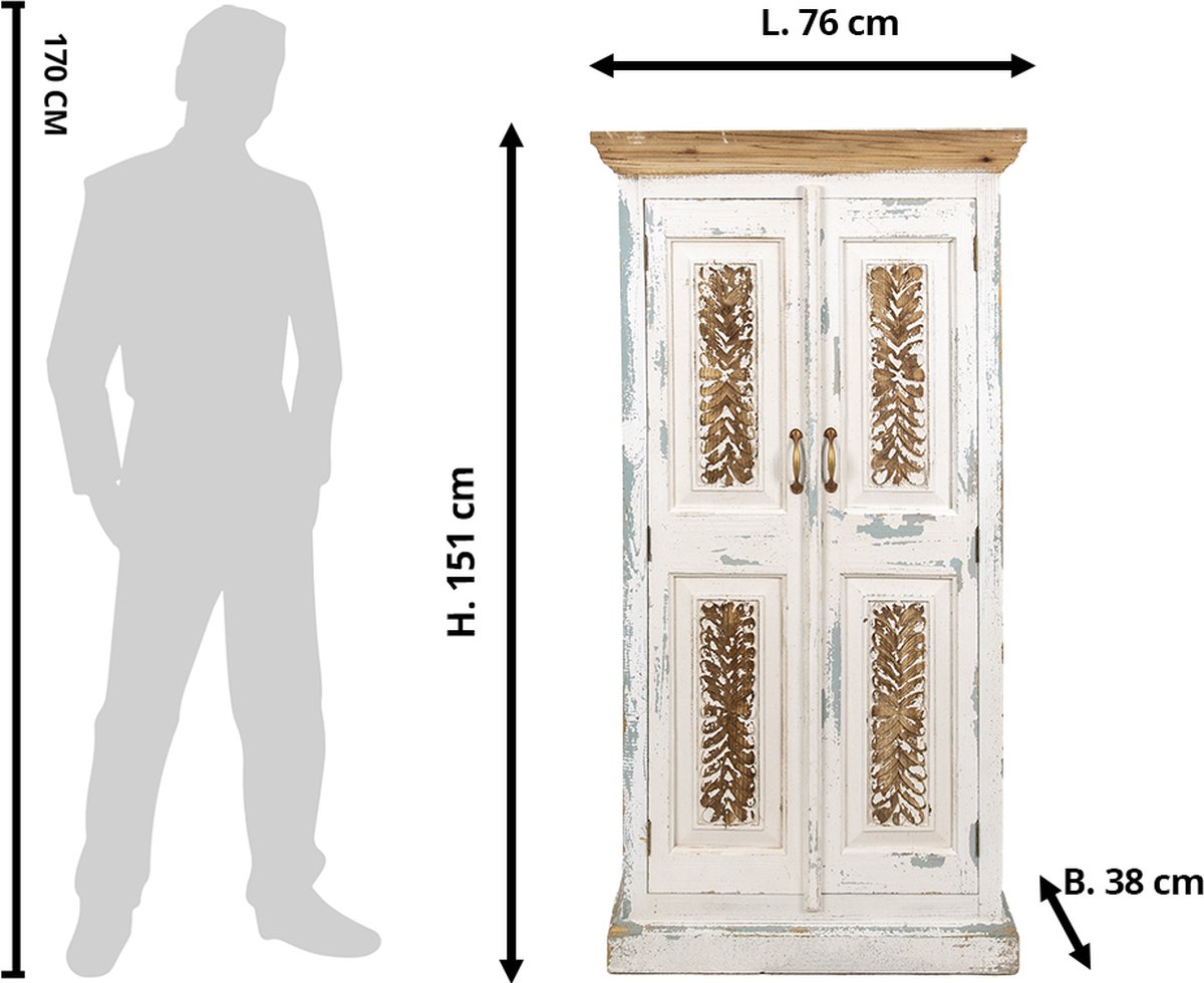 Clayre & Eef Wandkast 76*38*151 Cm Wit Bruin Hout Opbergkast Kast Wit Opbergkast Kast