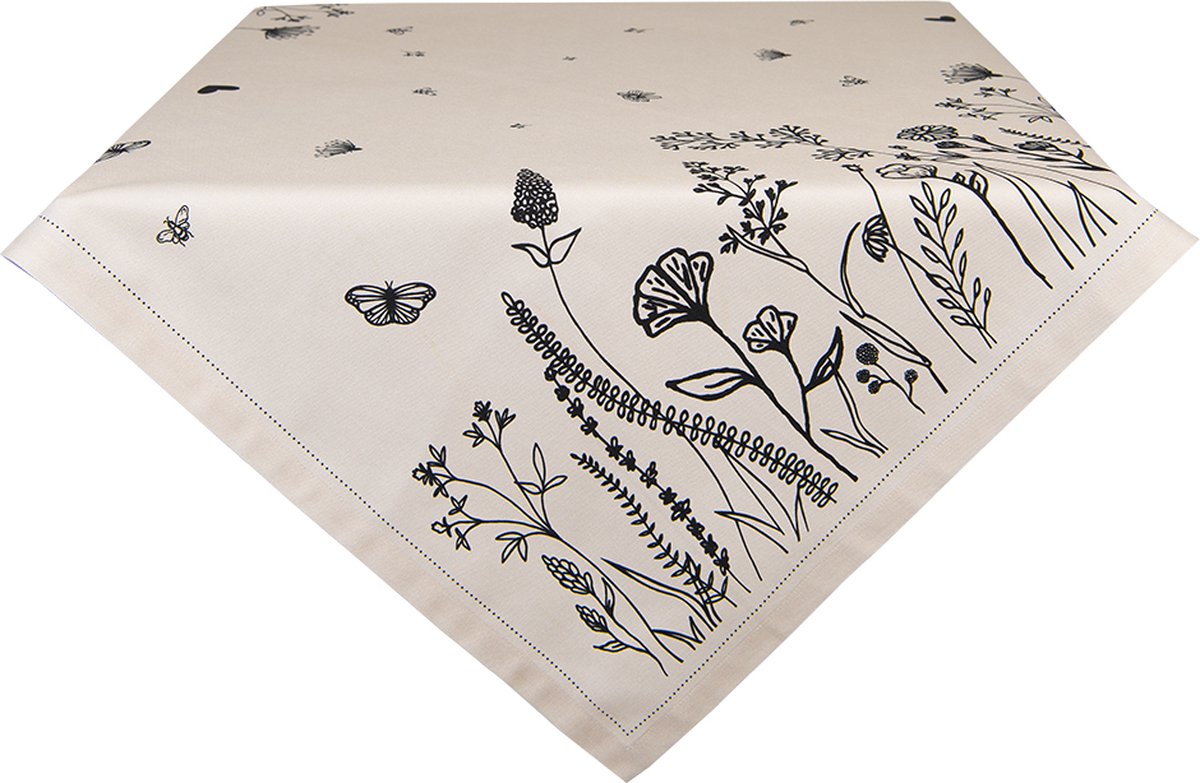 Clayre & Eef Vierkant Tafelkleed 100*100 Cm Zwart Katoen Bloemen Tafellaken Tafellinnen Tafeltextiel - Beige