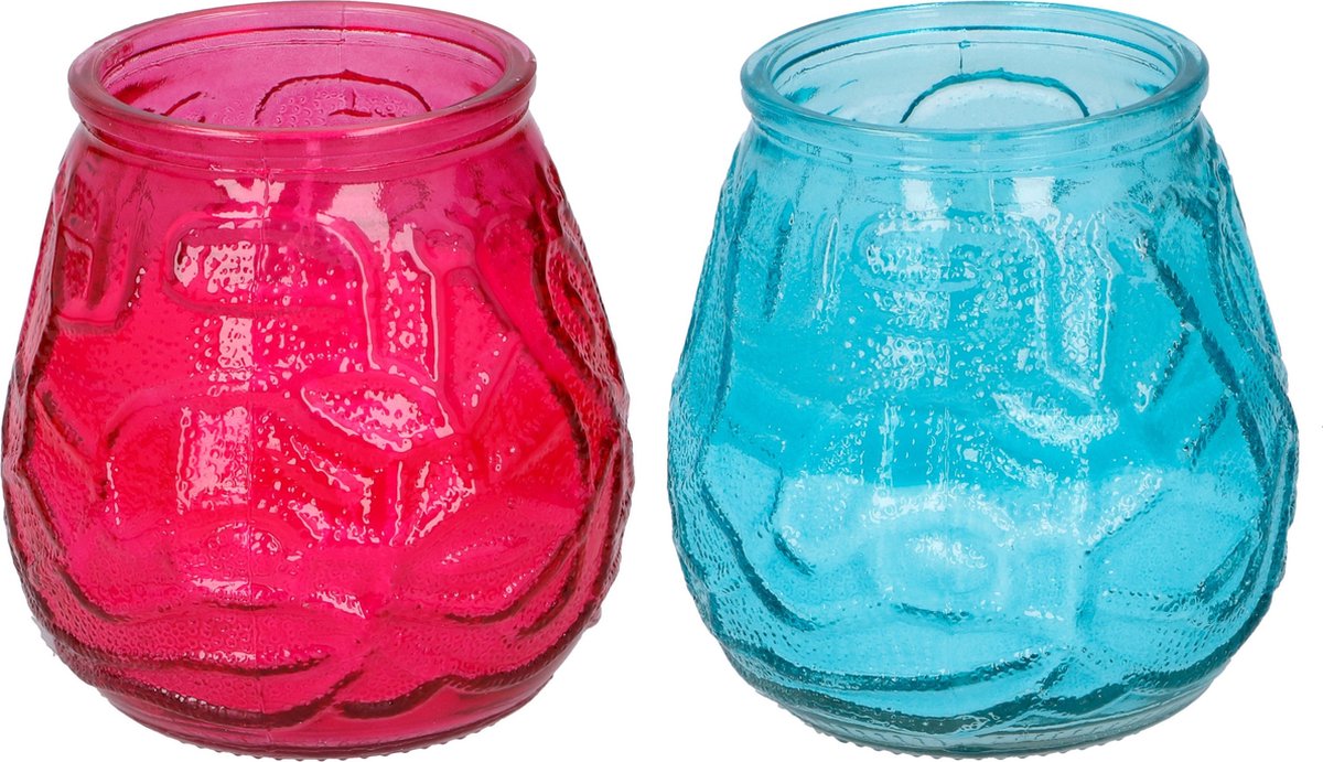 Arti Casa 4x Stuks Citronella Lowboy Tafelkaarsen 10 Cm Blauw En Rood Glas - Geurkaarsen