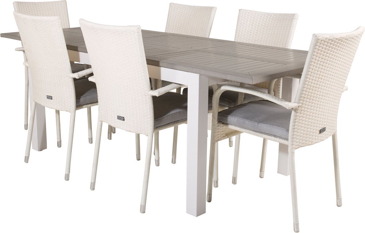 Albany Tuinmeubelset Tafel 90x160/240cm En 6 Stoel Anna Wit, Grijs.