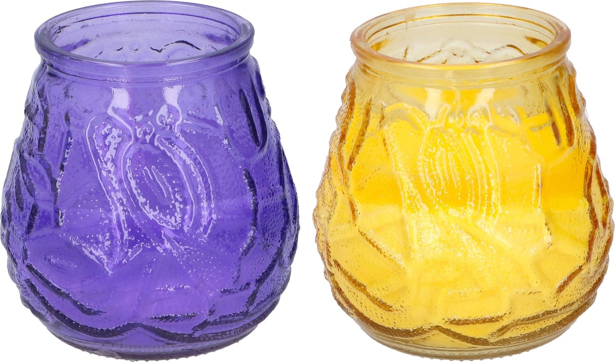 Arti Casa 4x Stuks Citronella Lowboy Tafelkaarsen 10 Cm Geel En Paars Glas - Geurkaarsen