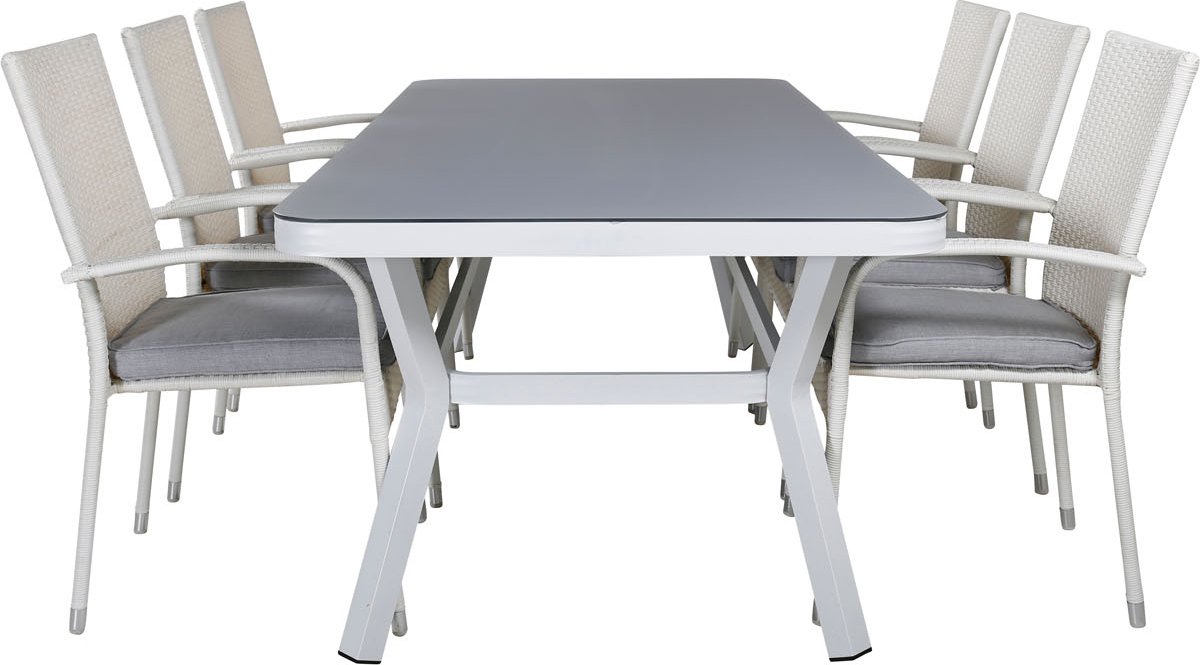 Virya Tuinmeubelset Tafel 100x200cm En 6 Stoel Anna Wit, Grijs.