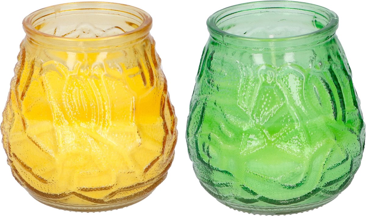 Arti Casa 4x Stuks Citronella Lowboy Tafelkaarsen 10 Cm Geel En Groen Glas - Geurkaarsen