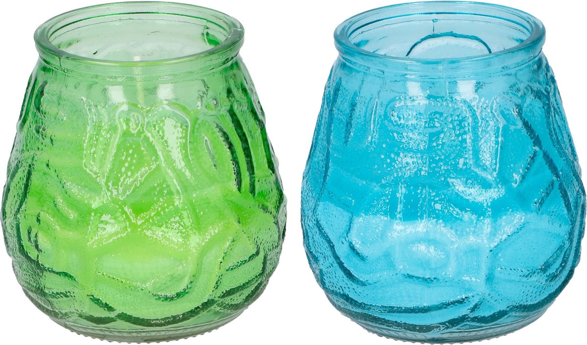 Arti Casa 4x Stuks Citronella Lowboy Tafelkaarsen 10 Cm Blauw En Groen Glas - Geurkaarsen