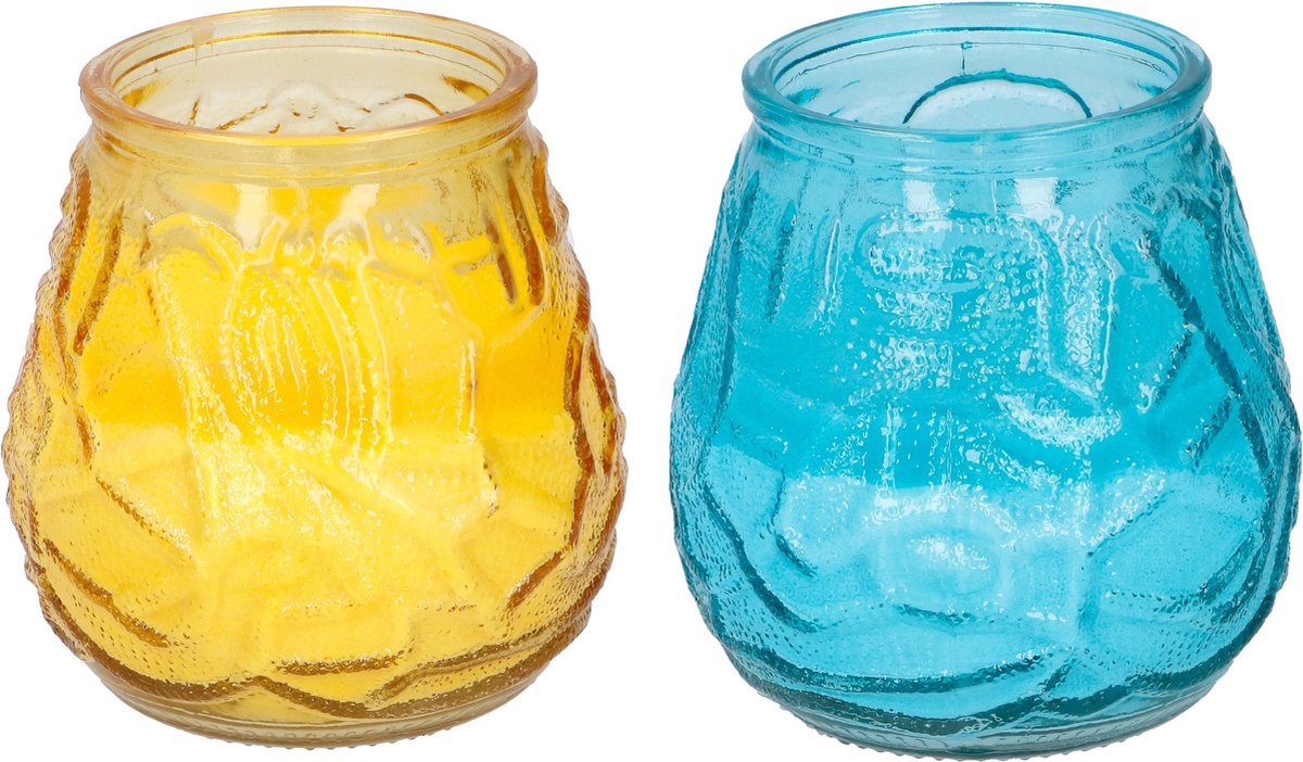 Arti Casa 4x Stuks Citronella Lowboy Tafelkaarsen 10 Cm Geel En Blauw Glas - Geurkaarsen