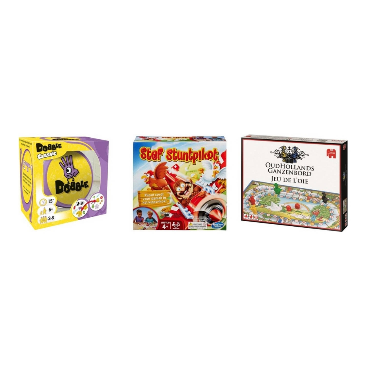 Hasbro Spellenbundel - 3 Stuks - Dobble Classic & Ganzenbord & Stef Stuntpiloot