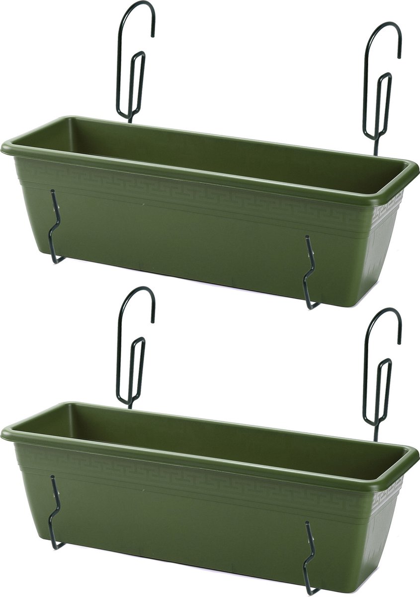 Forte Plastics 2x Stuks Hangende Reling Plantenbakken Rechthoekig 50 X 17 X 15 Cm Met Kunststof Beugels - Plantenbakken - Groen