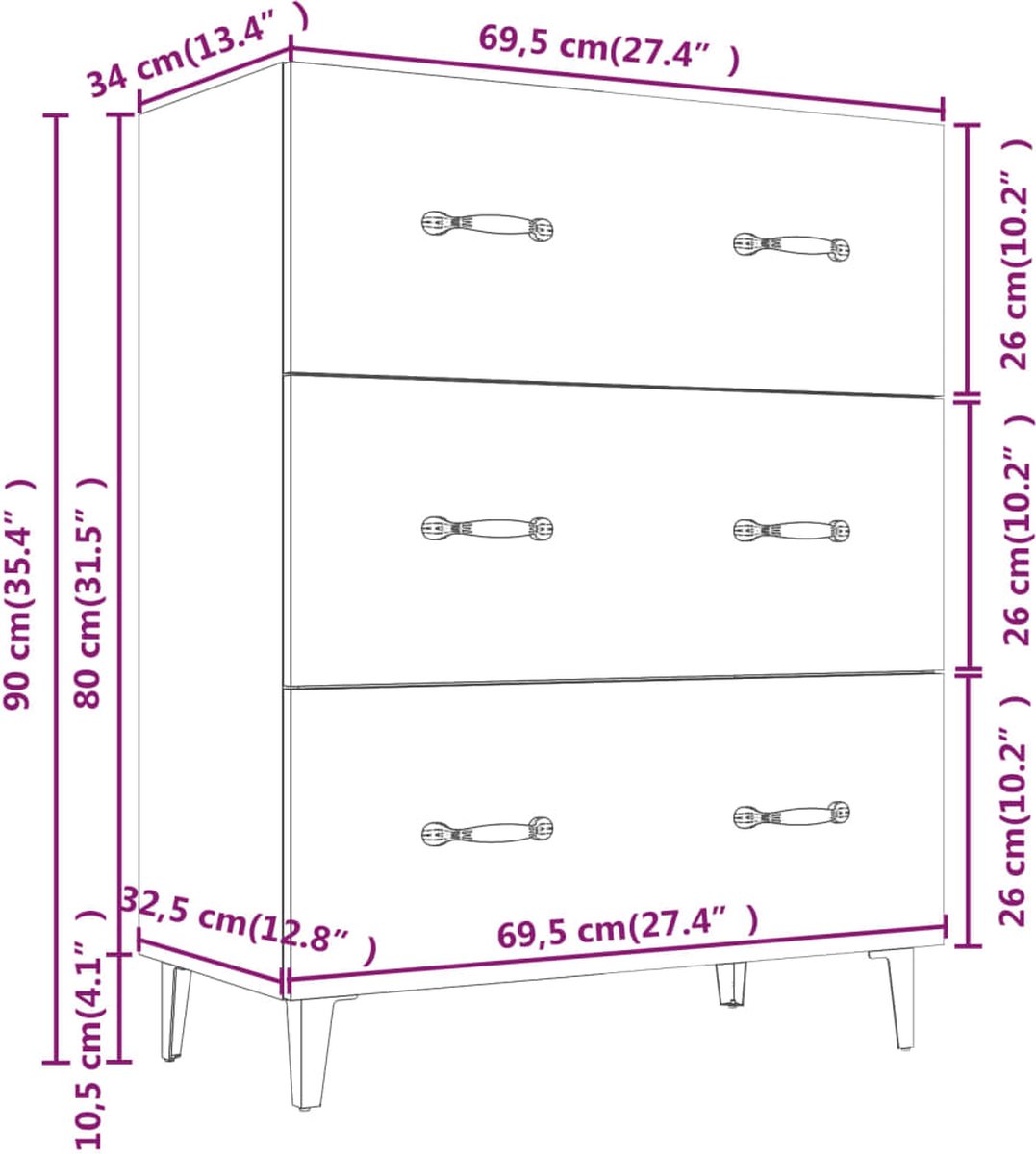 Vidaxl Dressoir 69,5x34x90 Cm Bewerkt Hout Sonoma Eikenkleurig - Bruin