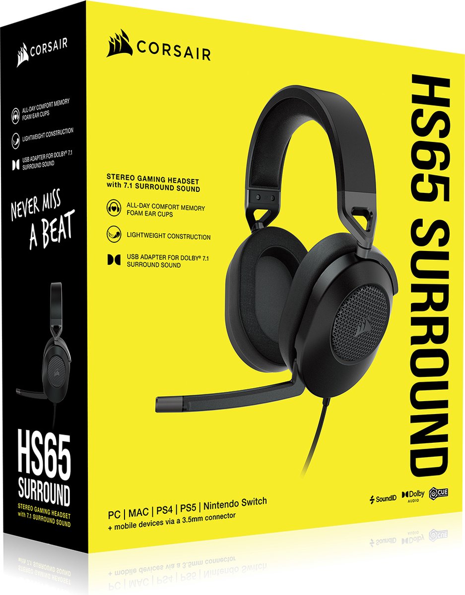 Corsair Hs65 Dolby Audio 7.1 Pc Surround Gaming Headset 3.5 Mm Jack - Carbon (p55/ps4/xbox Series X/s/pc/mac/nintendo Switch/mobile Devices)