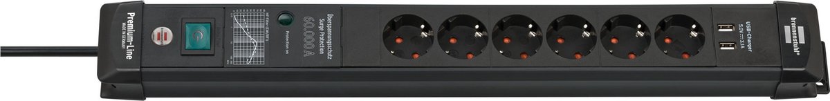 Brennenstuhl Premium-Line | ÜSS | 6 voudig | USB 3.1A | *DE* | zwart | 60kA/filter | 3m | H05VV--F3G1.5