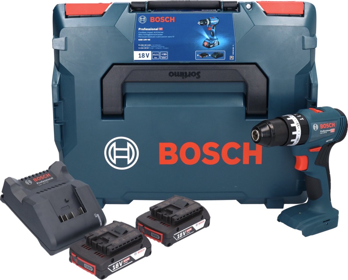 Bosch GSB 18V-45 Accu Schroef- en klopboormachine | 2 x 2,0 Ah accu + oplader | In L-Boxx