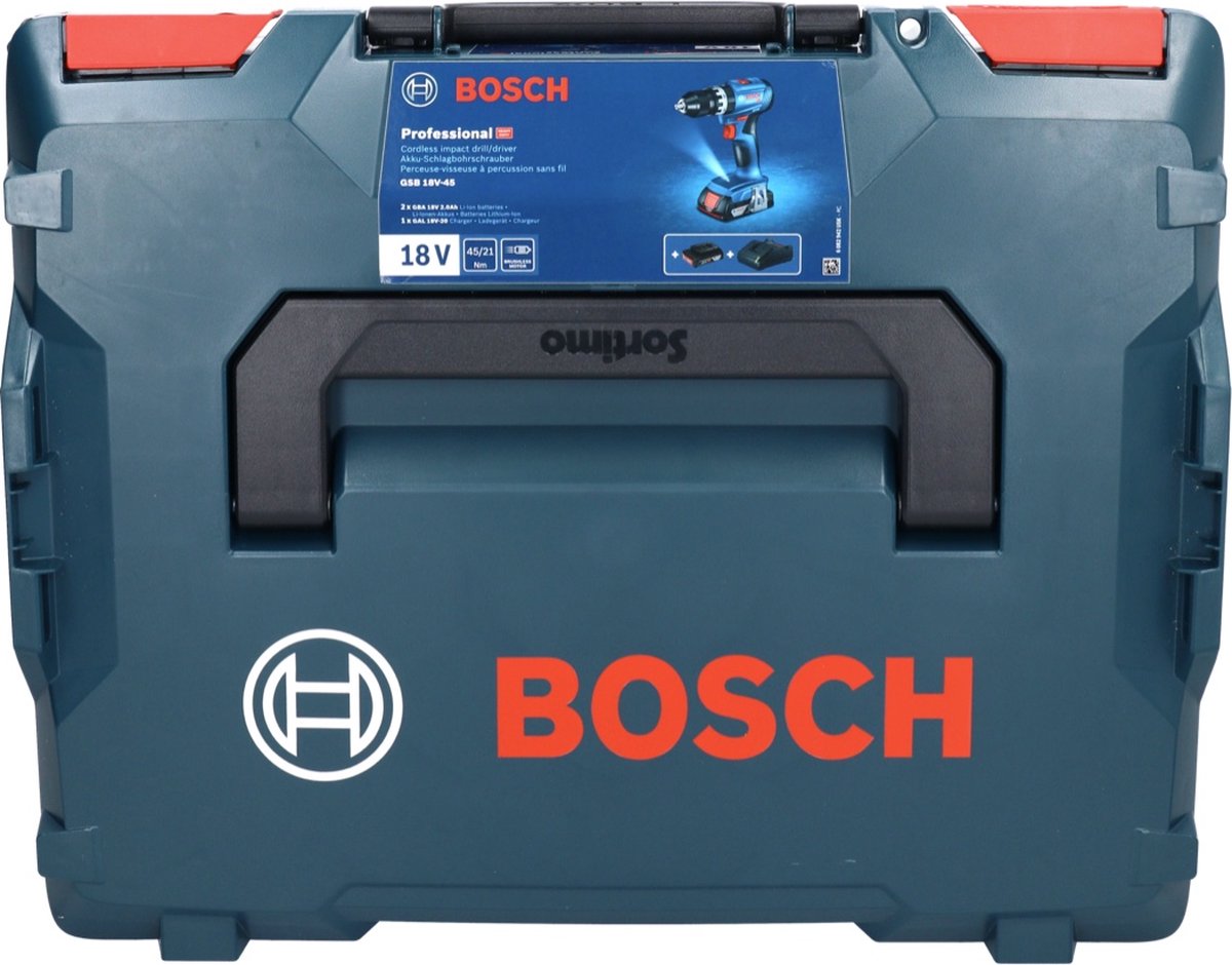 Bosch GSB 18V-45 Accu Schroef- en klopboormachine | 2 x 2,0 Ah accu + oplader | In L-Boxx