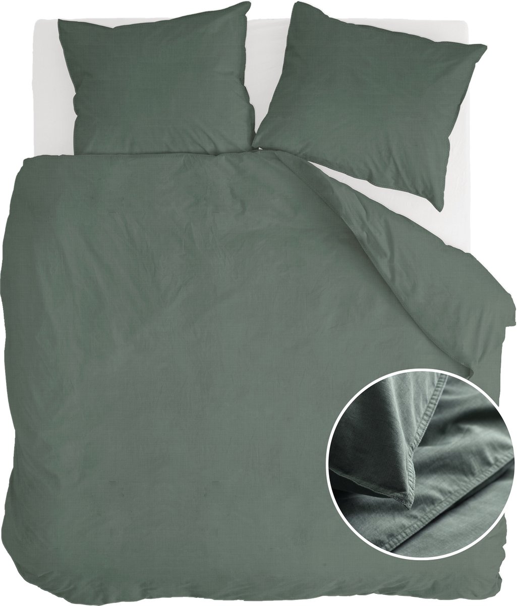 Walra Vintage Cotton Dekbedovertrek - 2-persoons (200x200/220 Cm + 2 Slopen) - Katoen - Donker - Groen