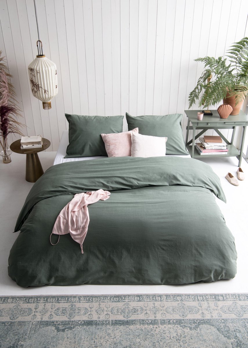 Walra Vintage Cotton Dekbedovertrek - 2-persoons (200x200/220 Cm + 2 Slopen) - Katoen - Donker - Groen