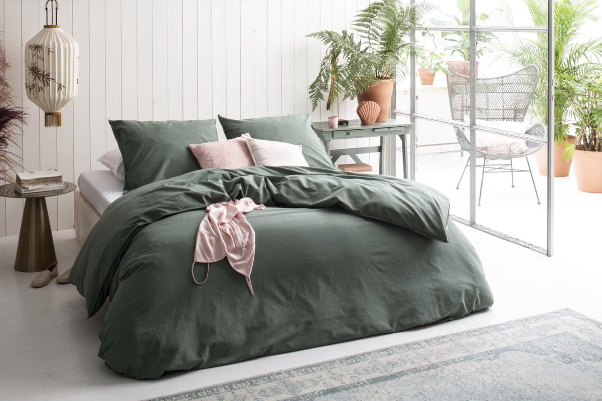 Walra Vintage Cotton Dekbedovertrek - 2-persoons (200x200/220 Cm + 2 Slopen) - Katoen - Donker - Groen
