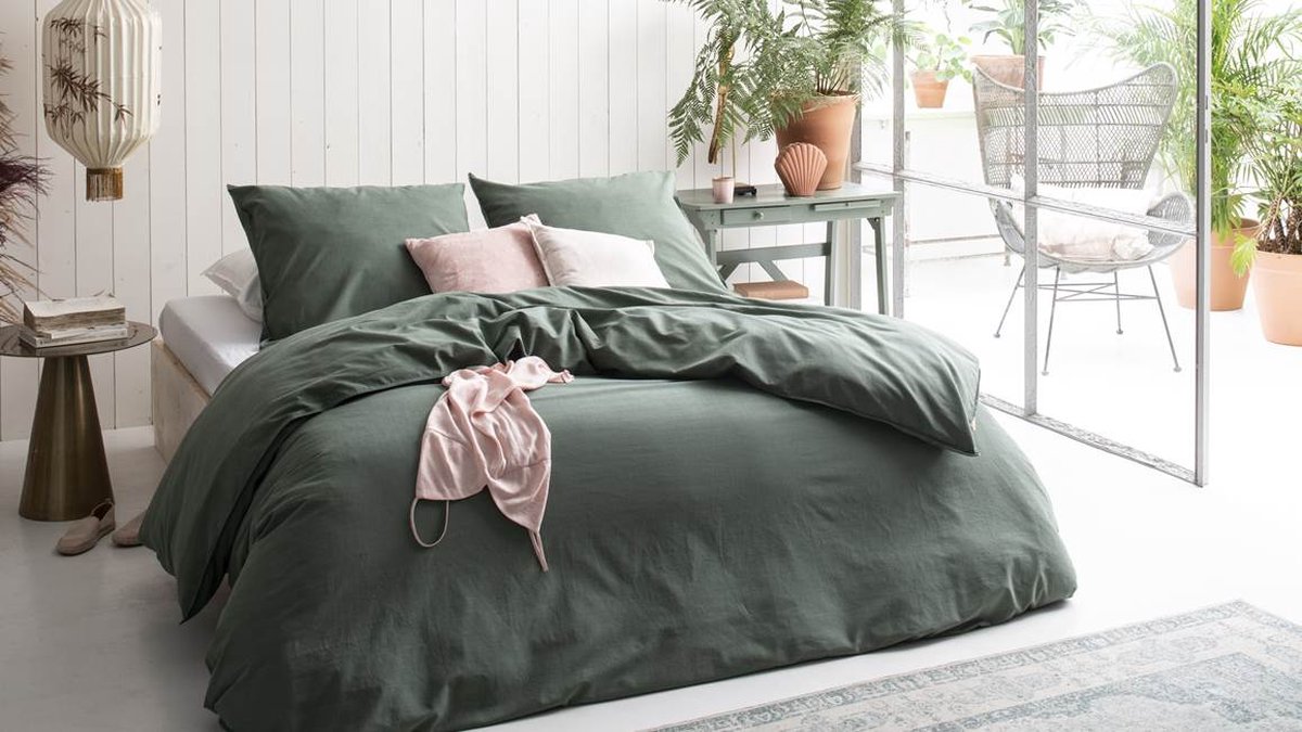 Walra Vintage Cotton Dekbedovertrek - 2-persoons (200x200/220 Cm + 2 Slopen) - Katoen - Donker - Groen