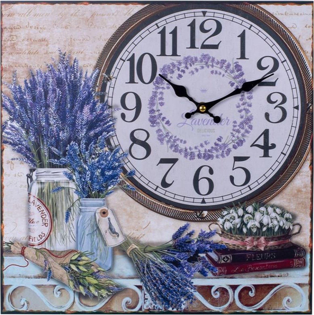 Decopatent Canvas Schilderij Wandklok Lavendel Flowers & Books 38 Cm Met Klok -