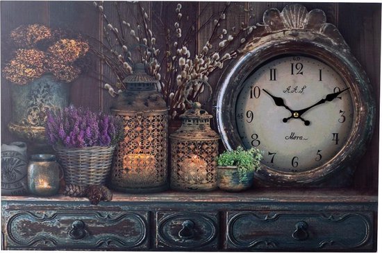 Decopatent Xl Canvas Schilderij Wandklok Cabinet Clock Lantarn Candle & Flowers