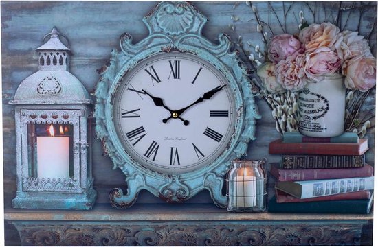 Decopatent Xl Canvas Schilderij Wandklok Clock Lantarn Candle & Flowers Met Klok